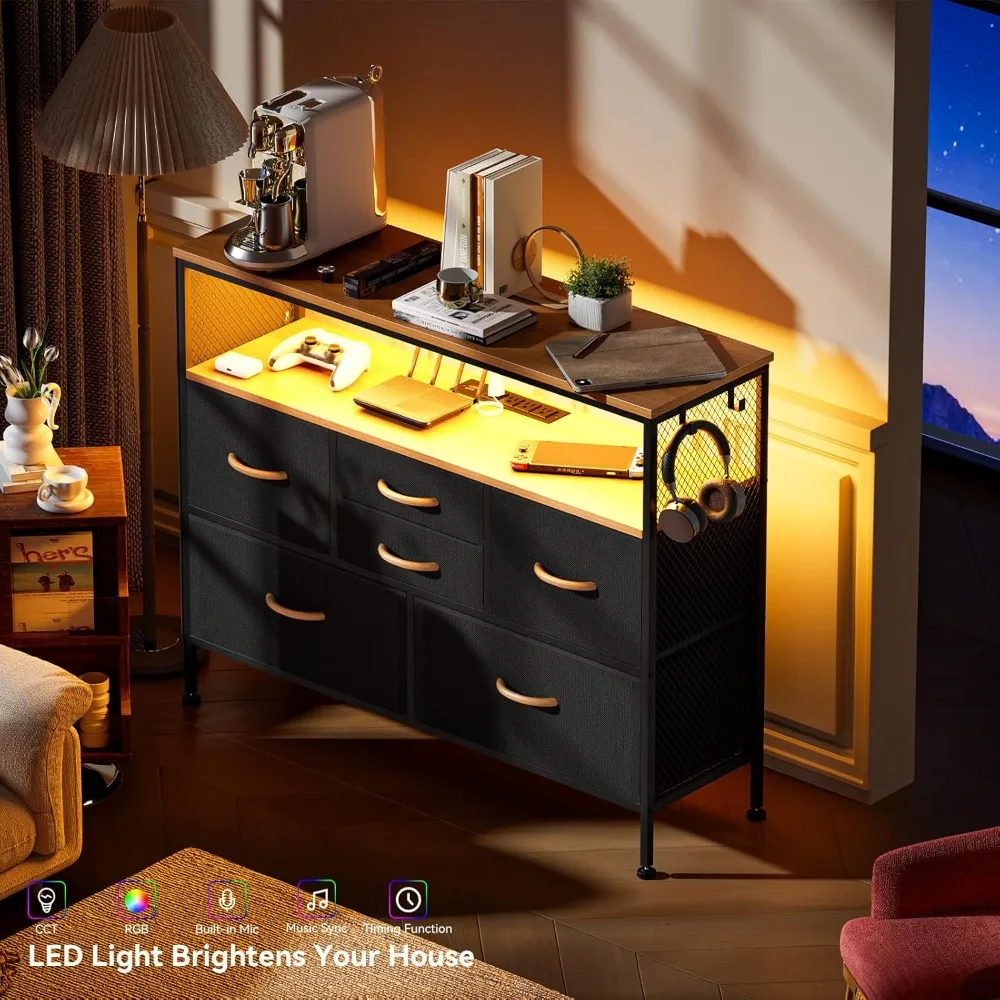 Dresser for Bedroom TV Stand with Power Outlets and LED Light, 6 Drawers Dresser with Side Pockets & Hooks, Wide Dresser