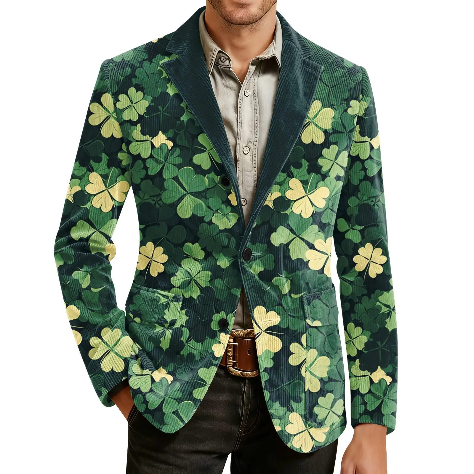 

St. Patrick'S Day Green Clover Printed Blazer Men Lapel Single Button Down Suit Shiny Casual Jacket Festival Stage Party Coat