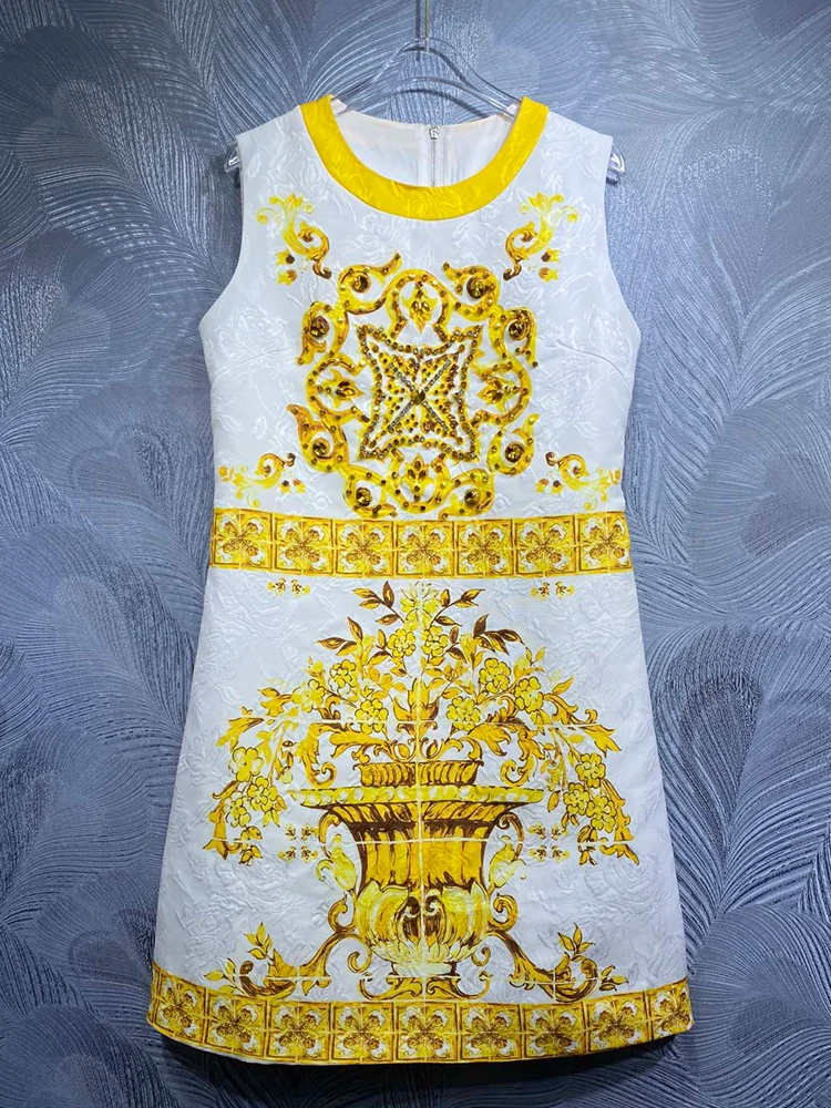 

SEQINYY White Mini Dress Jacquard Summer Spring New Fashion Design Women Runway Vintage Yellow Flower Print Beading Vest