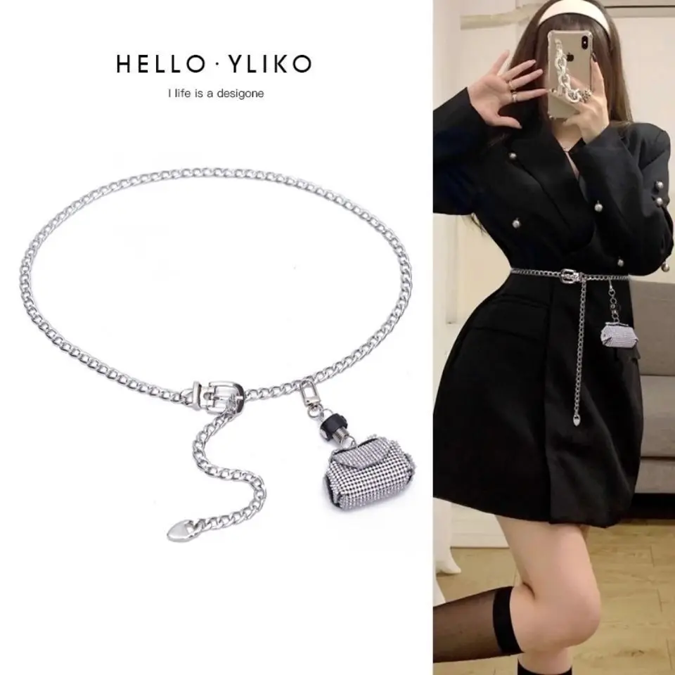 حقيبة حزام خصر بسلسلة من حجر الراين للسيدات العصرية، حقيبة خصر صغيرة من حجر الراين، حزام على شكل سلسلة، سراويل تنورة بدلة متطابقة مزخرفة #2