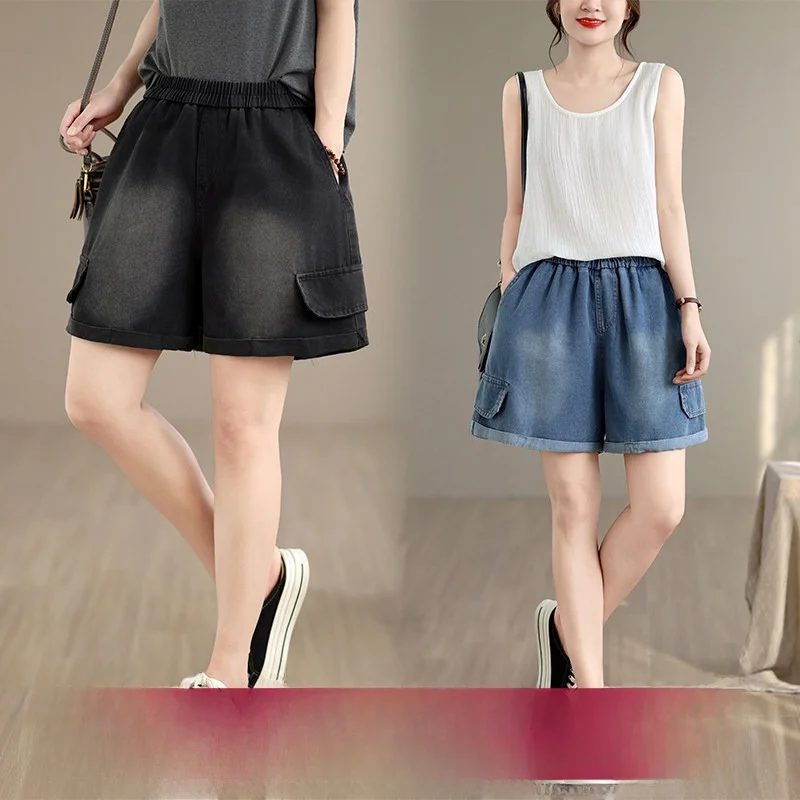 

Summer Vintage Washed Denim Wide Leg Pants Loose plus Size Women's Personality Shorts Four-Fifths Length Polyester Fiber