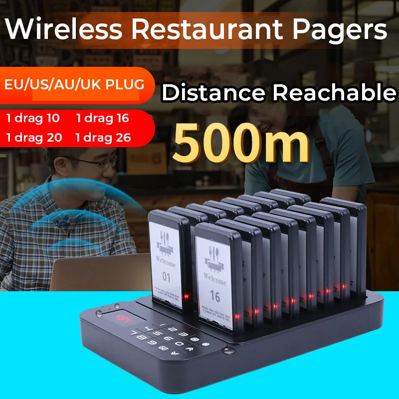 

Беспроводная система вызова персонала для ресторанов: 1 пейджер, 26 подставок для напитков, для кафе, кондитерских, бургер-баров, фудтраков