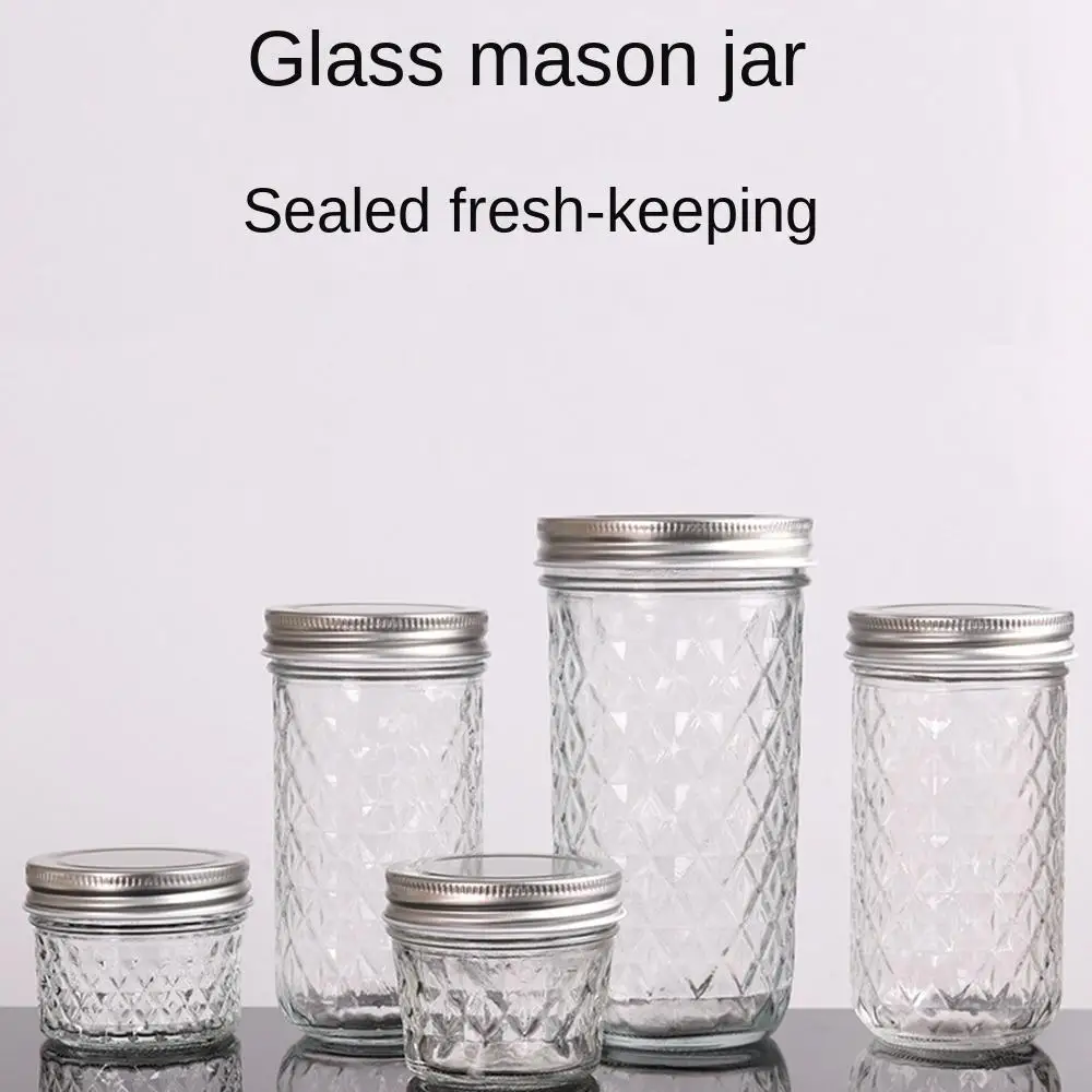 120ml-650ml Transparent Glass Sealed Bottle Mason Jar Diamond Pattern Jam Juice Bottle Labelable Seal Bottle Kitchen Tool