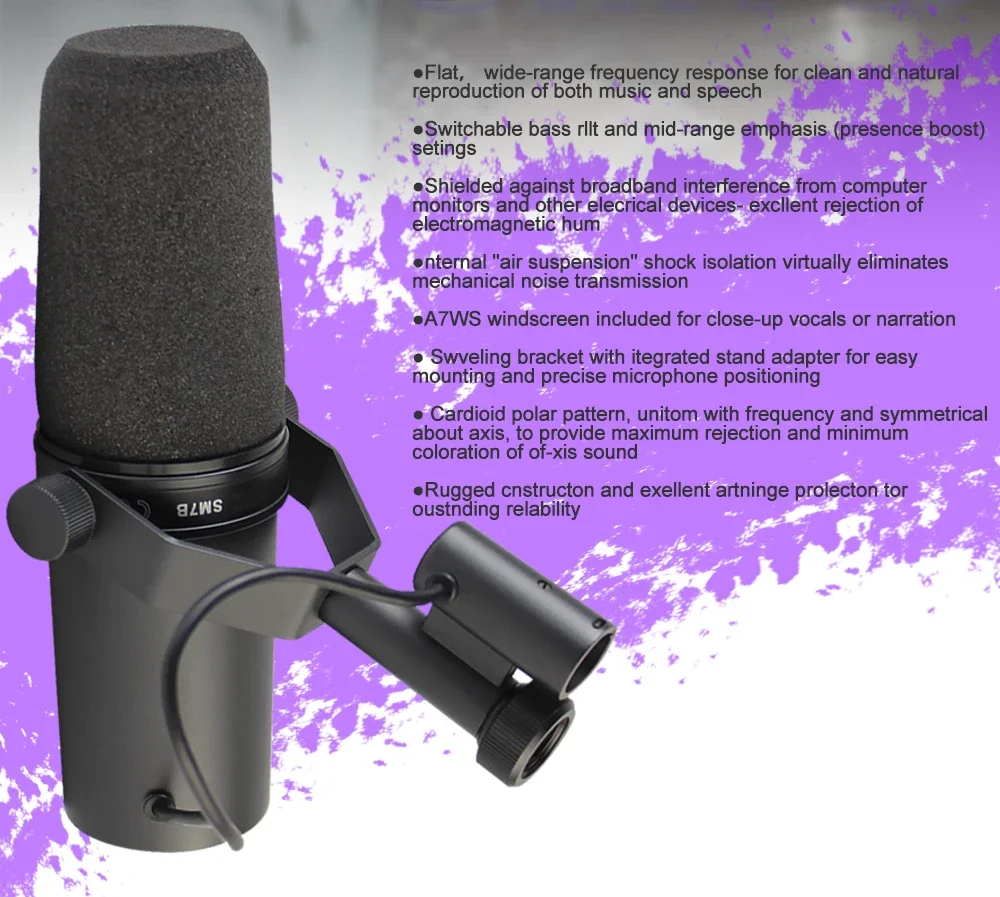 SM7B Cardioid Studio Microphone Adjustable Frequency Response Recording Podcasting Vocal Dynamic Microphone SM7B