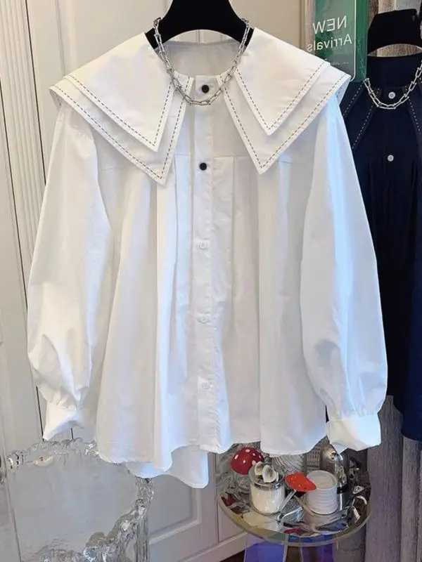 Chemise Femme Double Layered Doll Collar Lantern Sleeve Shirts White Blusas Mujer De Moda Vintage Pleated Tops Spring Autumn