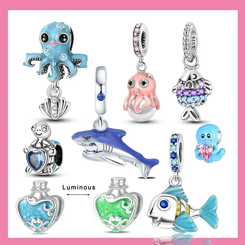 

925 Sterling Silver Ocean World Series Sea Octopus Charms Bead Clips Safety Chain for Original Bracelet DIY Jewelry Making