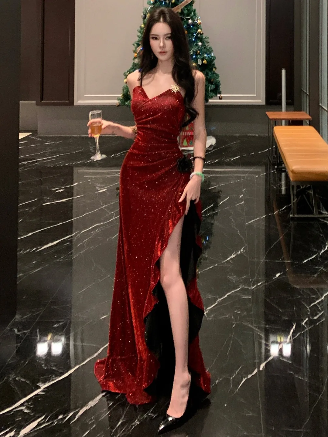 

Sexy Wine Red Sequin Split Dr Women's High Waist Floor Length Gown Bell Sve mid Long Skirt V Ne Spring Summer Autumn