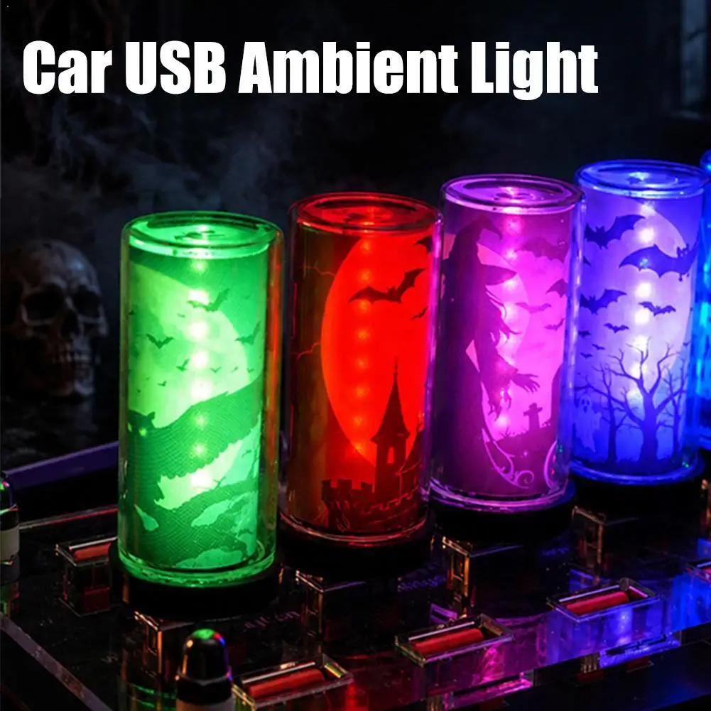 Halloween USB Night Light Cylinder Glass Table Lamp Spooky Silhouette Decorative Lamp For Bedroom Desk Halloween Party Decor