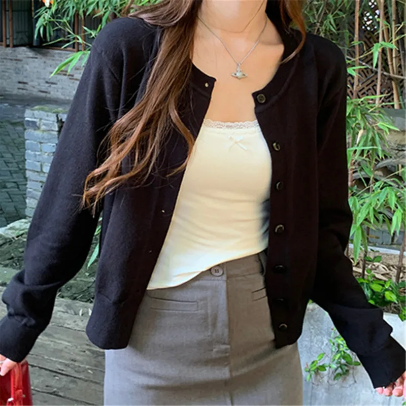 Knitted Sweater Women Cardigans New Long Sleeve O-Neck Black Knit Sweater Cardigan Women Tops Knitwears Sueters De Mujer Q1317