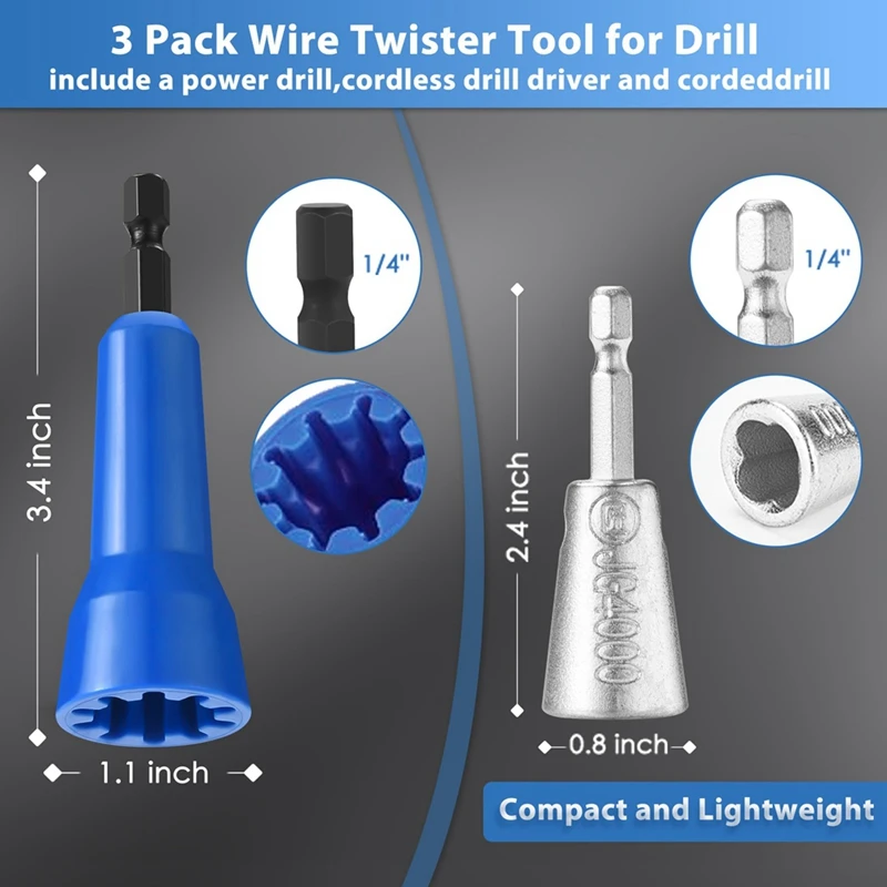 3 Pack Wire Twister Tool For Drill With 1/4Inch Hex Shank,Electrician Tools Wirenut Twister For Drill,Drill Wire Twister