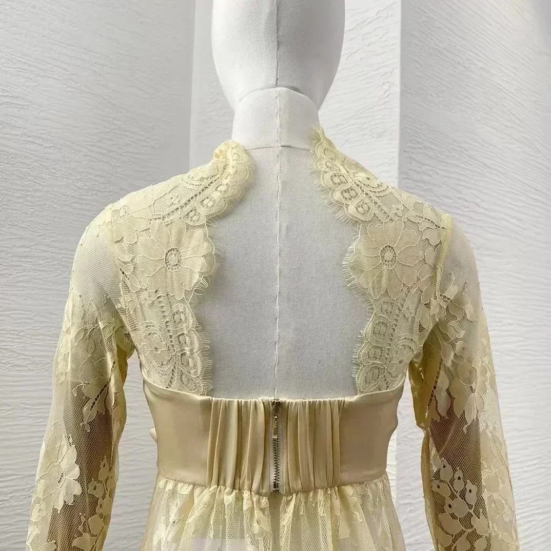 

Sexy SilkBeige 2024 New Vintage High Quality Silk Bow Lace Bodycon Full Sleeve Backless See-through Women Blouse Topsparty