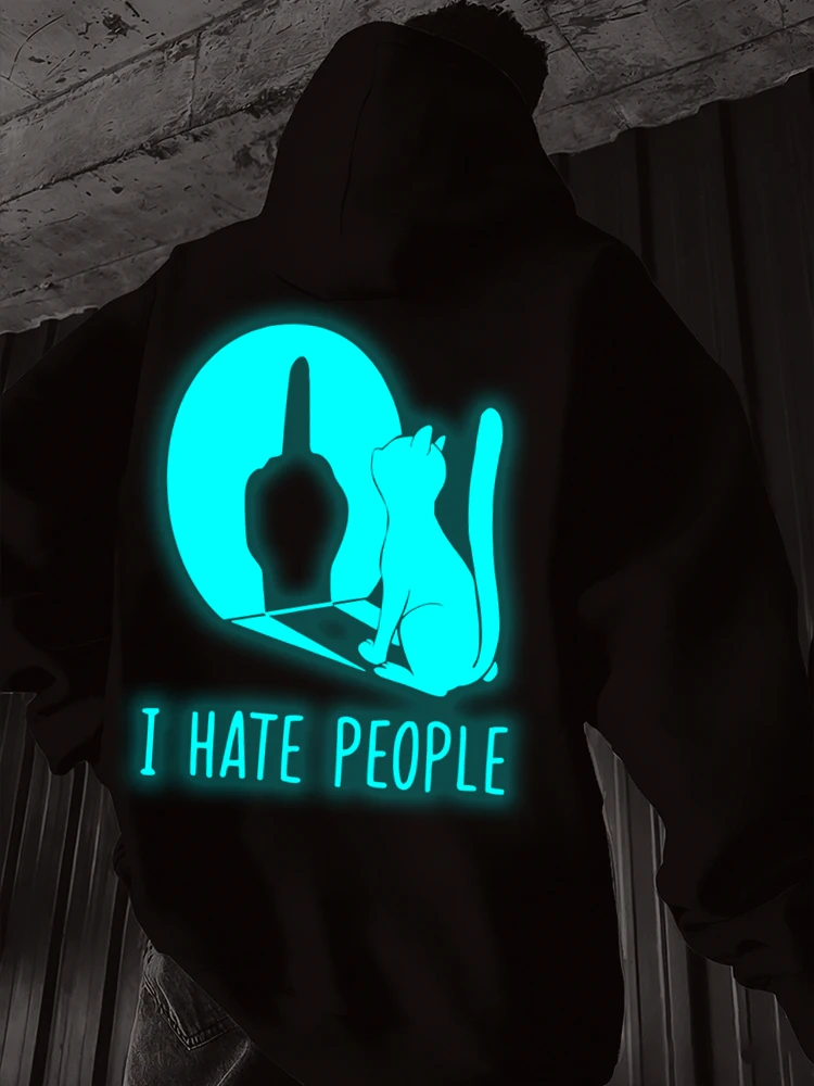 

"I Hate People" Fun Cat Men's Hooded Loose Women Long Sleeve Humorous Satire Casual Luminous Style Pullover Animal Male Hoodies