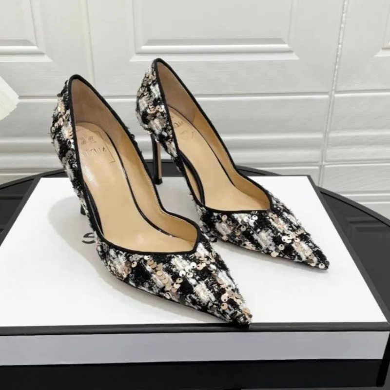 

Pointed women's high-heeled sandals luxury sequined high heels 2025 brand designer fashion slide dress women's elegant shoes