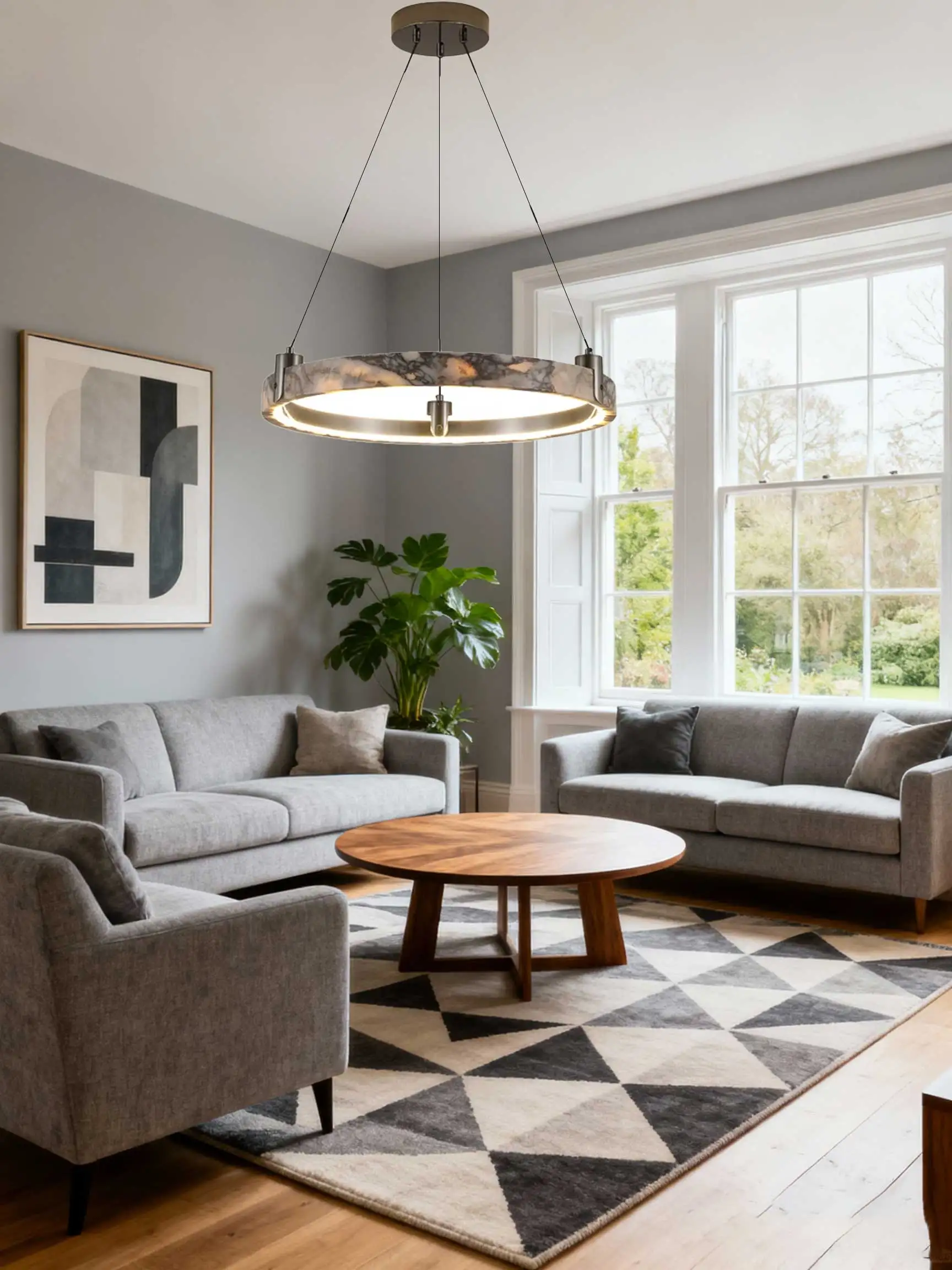 

Modern Luxury Natural Marble Stone Ring Dimmable LED Hanging Chandelier Light for Living Room Suspension Lamp