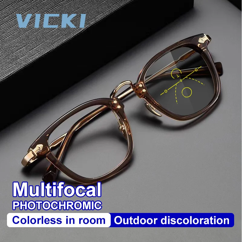 VICKI New Retro Pure Titanium Progressive Multifocal Photochromic Anti Blue-ray Glasses Customizable Prescriptions Available