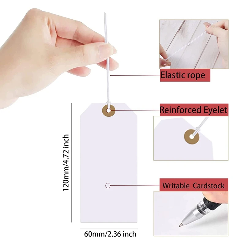 上部の大きな補強穴の紙タグ、紐が取り付けられた、弾性ロープ付きの吊り下げタグ、200個