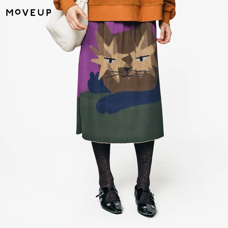 MOVEUP Commuter A-Line Skirt Autumn Letter Elastic Waist Color Blocking Cat Printed Folded Commuting Casual Skirt 3EWQ20602