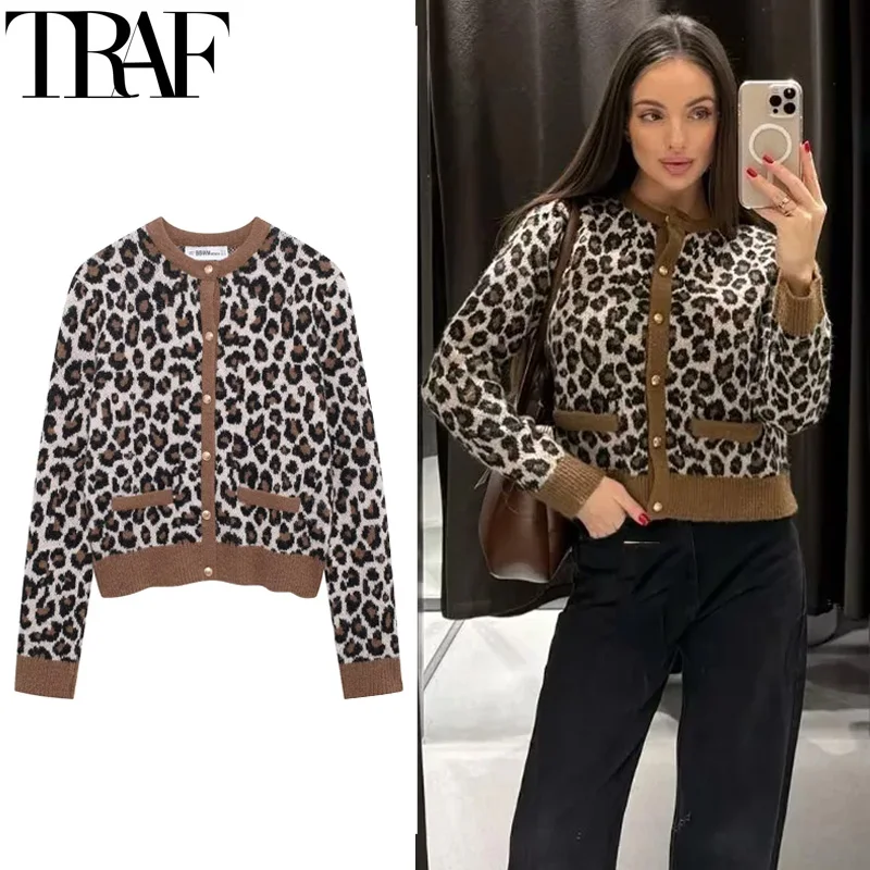 TRAF Sweater Outerwears Women's Cropped Knitted Cardigan Women Vinatge Leopard Print Cardigan Woman Autumn Long Sleeve Sweaters