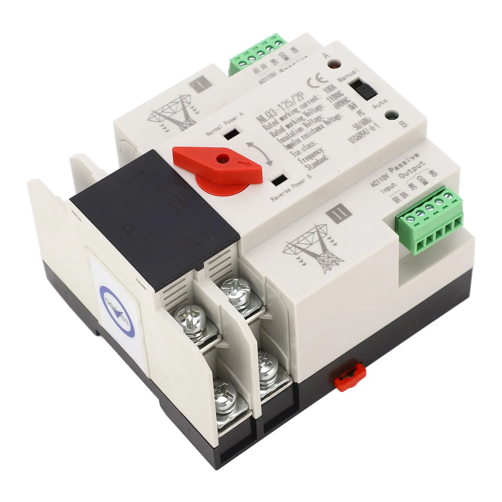 Dual Power Automatic Transfer Switch for AC 110V 100A 35mm Rail Mounting 2P ATS Generator Transfer Changeover Switch
