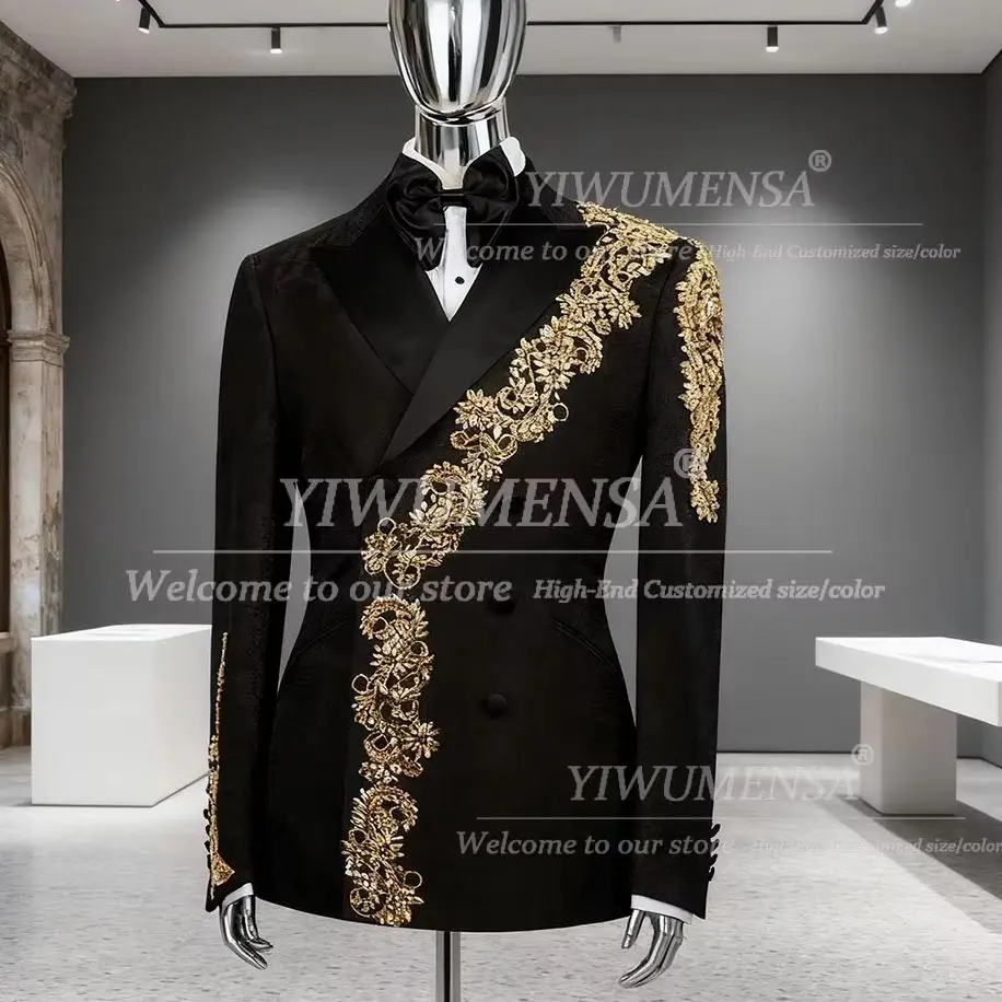 

Exclusive Gold Beaded Stones Suits Men For Wedding Double Breasted Prom Blazers Formal Party Groom Wedding Tuxedos Customized