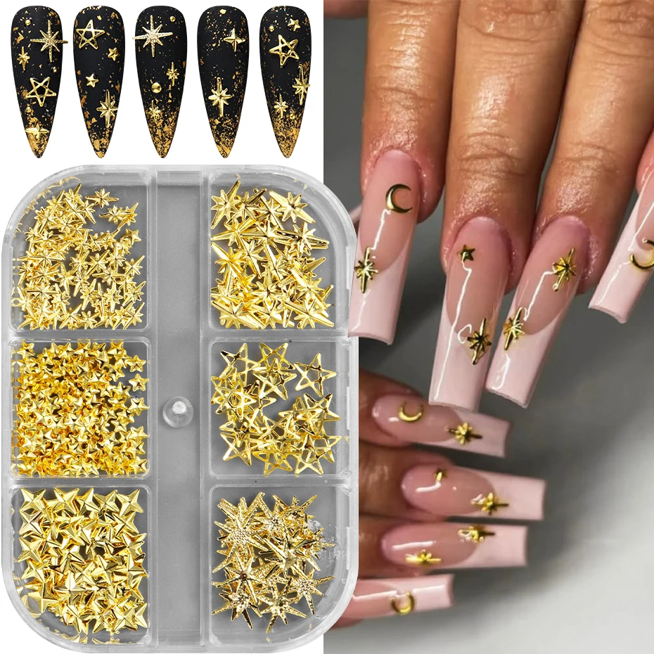 6 Sztuk Ozdób do Paznokci w Kształcie Gwiazd, Metalowe Gwiazdki, Zawieszki, Biżuteria do Paznokci, Nity, Akcesoria ze Stopu, Materiały do Manicure