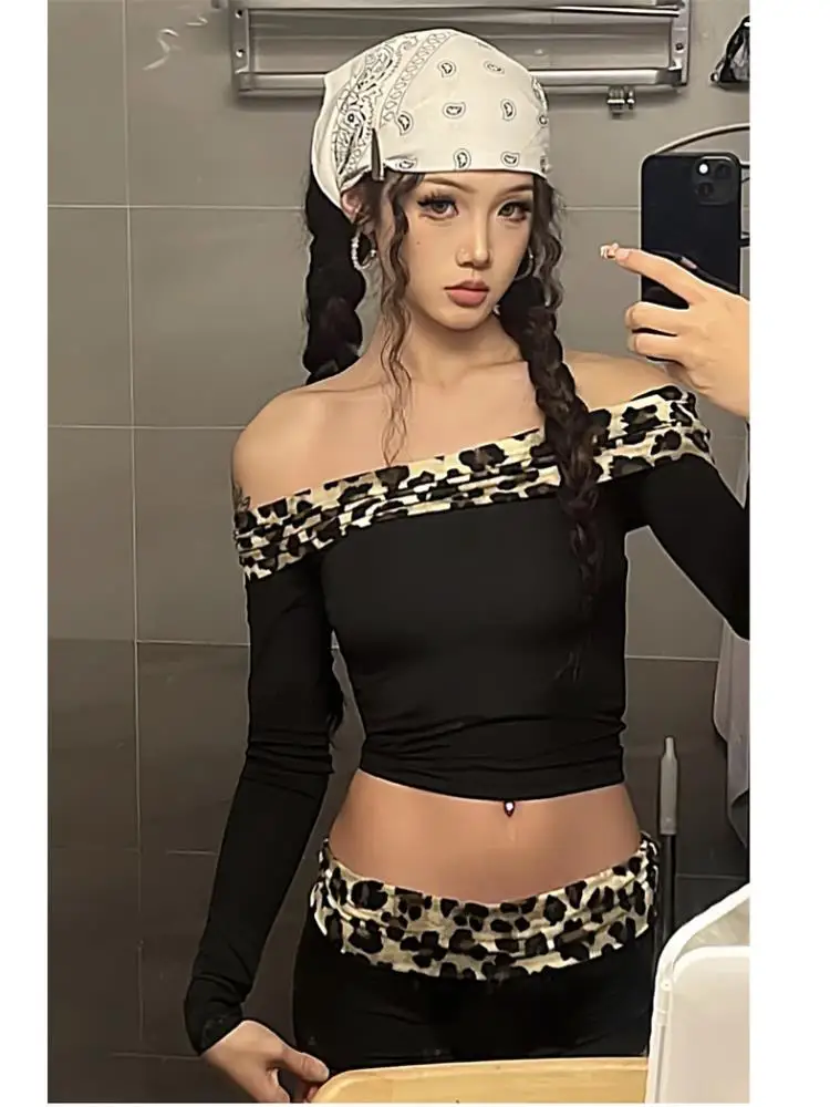 

Sexy Leopard Print Patchwork One oulder Slim Fit Bal Top Elastic Basic Thin Crossbody Women's irt Long Sve Thin