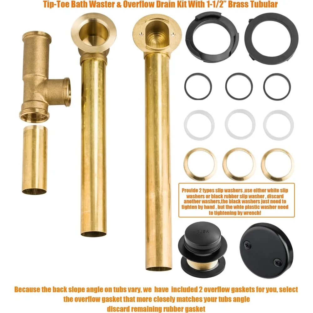 طقم تصريف حمام أنبوبي نحاسي مع سدادة لمس لأصابع القدم، 1-1/2 بوصة، مجموعة نفايات تصريف حوض الاستحمام ذات طرف أصابع القدم، سهلة التركيب للخفاش
