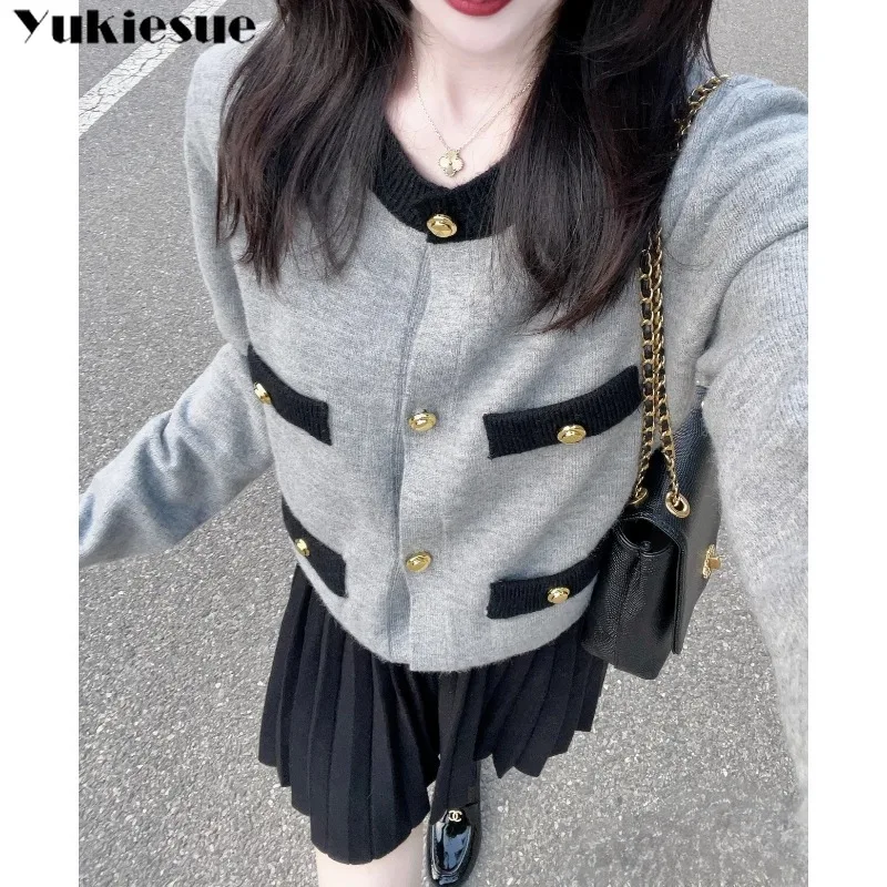 Women's Cardigan gray streetwear  Long Sleeve Tops Retro V-Neck Slim Knitted Casual Sweater Open Front Button Jacket