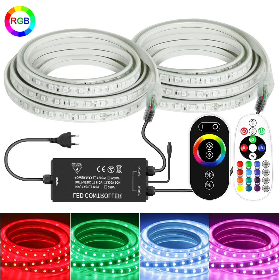 

220V LED Strip Lights RGB 4Pin RF Remote Control Dimmable 5050SMD Flexible Tape 50M 100M 2500W for Home Party DIY Decoration