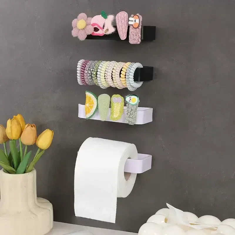 Non Drilled Wall Mounted Toilet Roll Paper Holder Hanging Towel Rack Plastic Waterproof Multifunctional Hair Clip Storage Rack