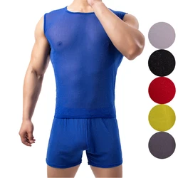 Sexy Sleeveless Mesh Transparent T-shirts Mens Lounge Undershirts Tank Tops Sexy Homme Boxer Shorts Gym Homewear Men Clothes Set