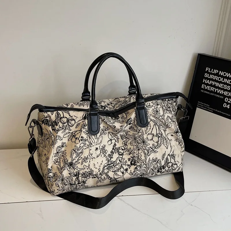 

2025 New Women Canvas Tote Bag Crossbody Bag Ink Painting Print Casual Shoulder Bag for Commute Travel Unique Design