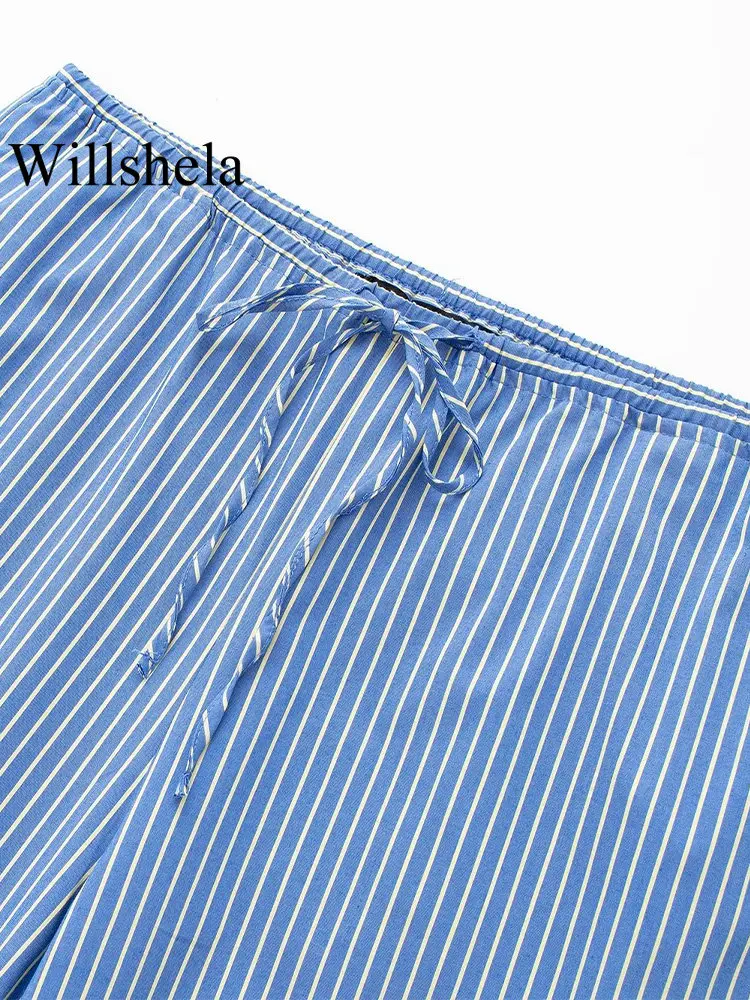 Willshela Women Fashion Striped Drawstring Lace Up Straight Pants Vintage Mid Elastic Waist Female Chic Lady Trousers