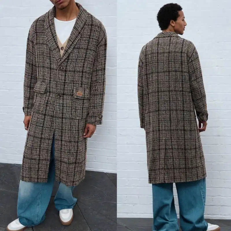 

Handsome Plaid Men Long Coat Wool Blend Shawl Lapel Single Breasted Overcoat Autumn Winter Outerwear Custom Made