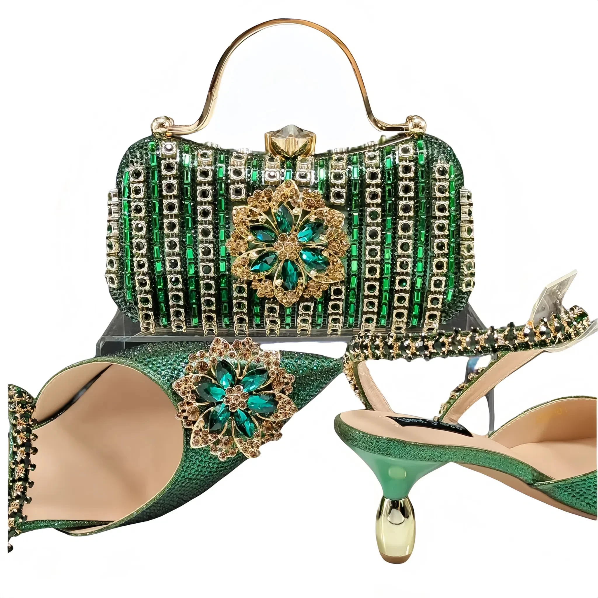 doershow High Quality African Style Ladies Shoes And Bags Set Latest green Italian Shoes And Bag Set For Party   SDF1-6