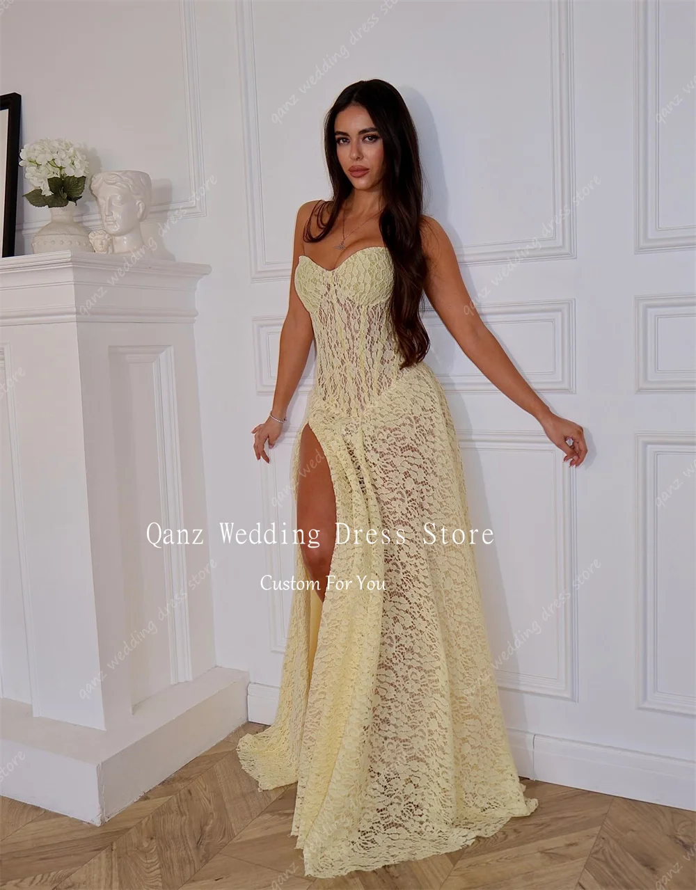 Qanz Yellow Full Lace Prom Dress Sweertheart High Slit Vestidos De Fiesta Elegantes Long Wedding Guest Dresses Customized image 3