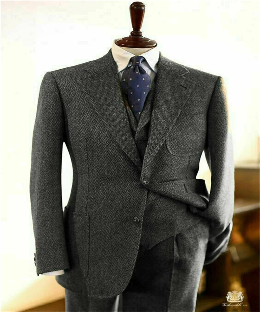 Men\'s Suits 3 Pieces Gray Wool Herringbone Slim Fit Casual Formal Business Groomsmen Tweed Tuxedos for Wedding Blazer+Pants+Vest