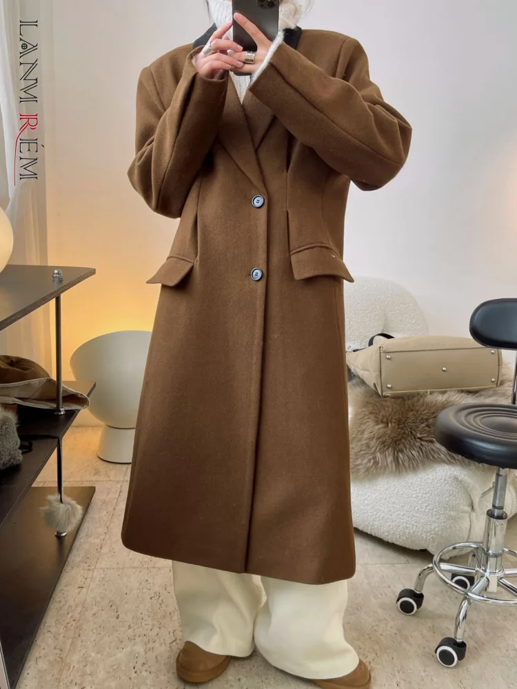 

[LANMREM] Contrast Color Thick Warm Woolen Coat Women's Notched Single Breasted Office Lady Long Outwear 2024 Winter New 26C1153