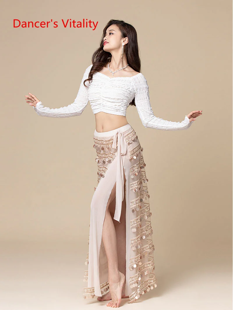 Belly Dance Clothing Seniore Long Sleeves Top+sequins Split Skirt Suit for Women Performance Practice Clothes Oriental Outfit