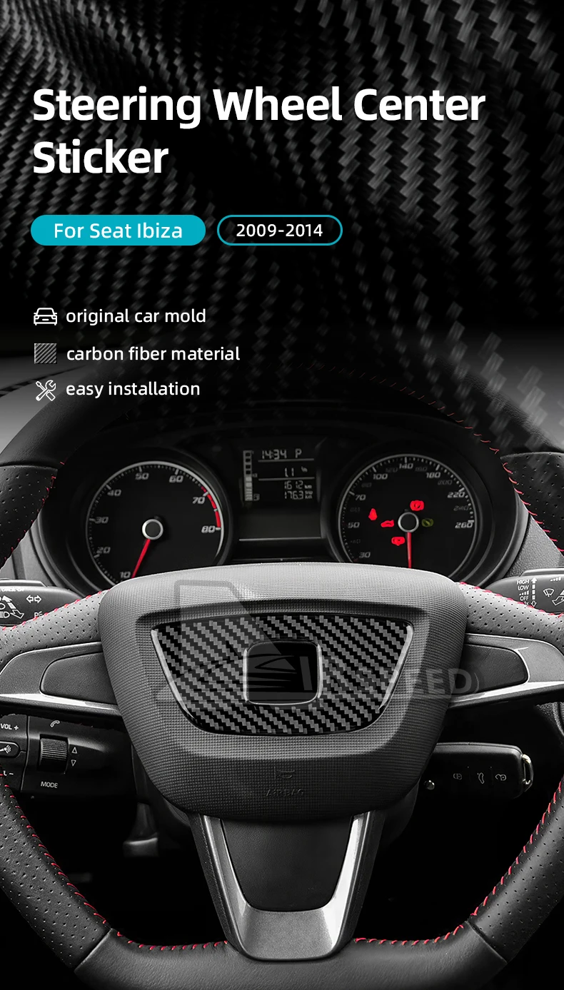 Echter weicher Kohlefaser-Aufkleber für Seat Ibiza 6j 2009 2010 2011 2012 2013 2014, LHD RHD, Auto-Lenkrad-Mittelrahmenverkleidung – Detail 1