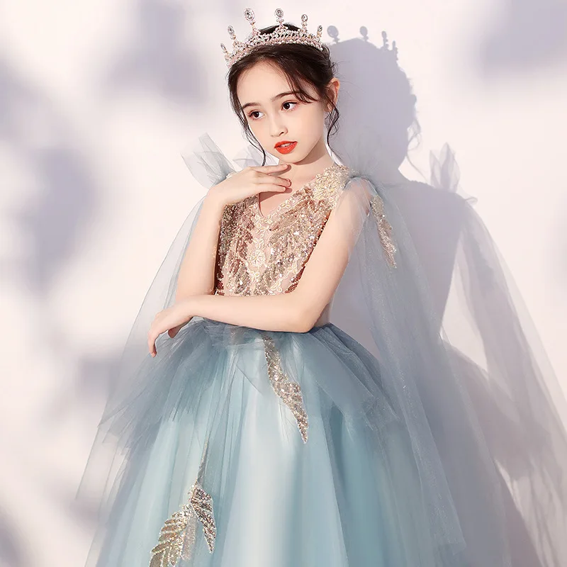 

Children's dress princess dress fluffy yarn foreign super fairy children's long-sleeved model catwalk piano performance stage