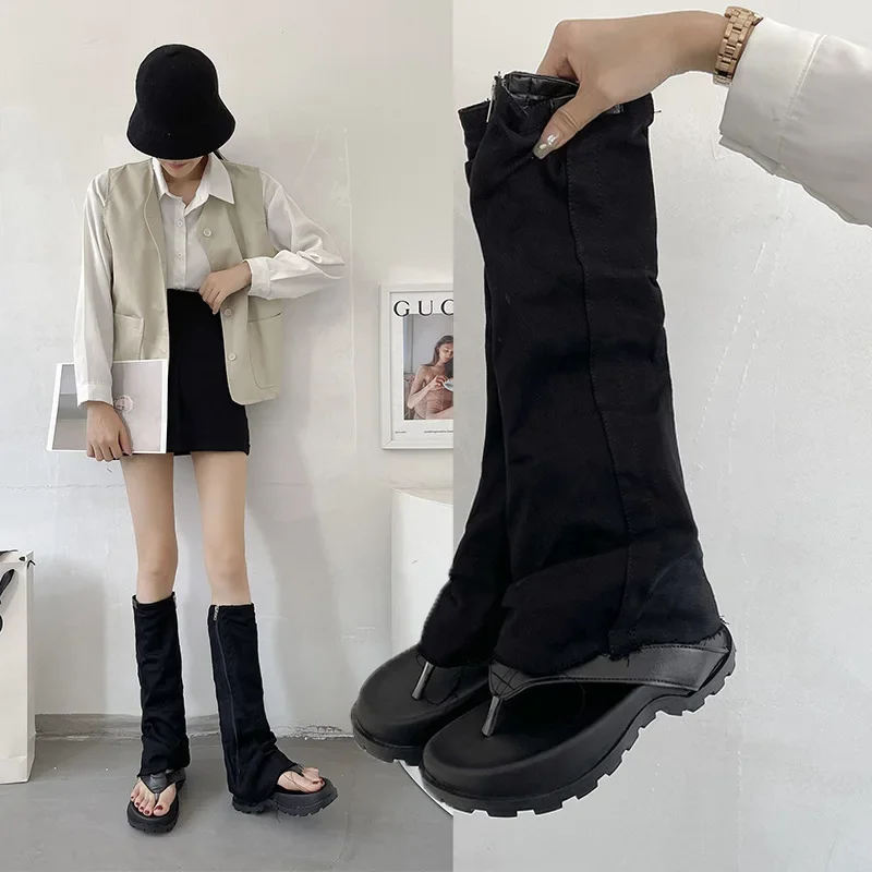 New Women Boots Dark Style EVA PU Jeans Knee-High Summer Slip-On Round Toe Slipper Boots Styeet Style