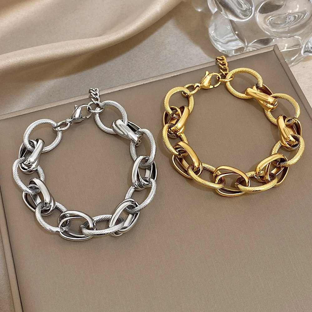 

DODOHAO Punk Style Stainless Steel Thick Chain Bracelet for Women Minimalist Hollow Out Oval Bracelet Waterproof Men Jewelry New