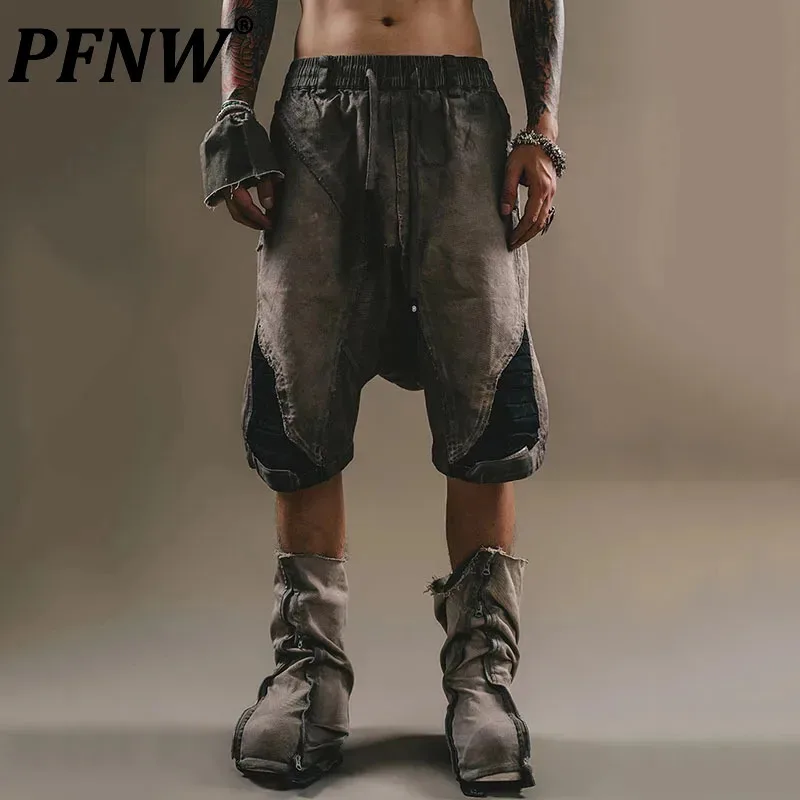 PFNW New Summer Men's Shorts Irregular Patchwork Elastic Waist Straight Wide Leg Male Trousers Functioanl Style 2025 12C522