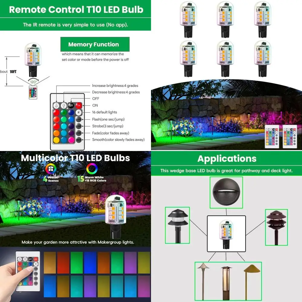 

Набор из 6 светодиодных ламп T5/T10 12В, меняющих цвет, теплый белый и 15 различных цветов, с диммером и пультом ДУ, всепогодные, для наружного освещения