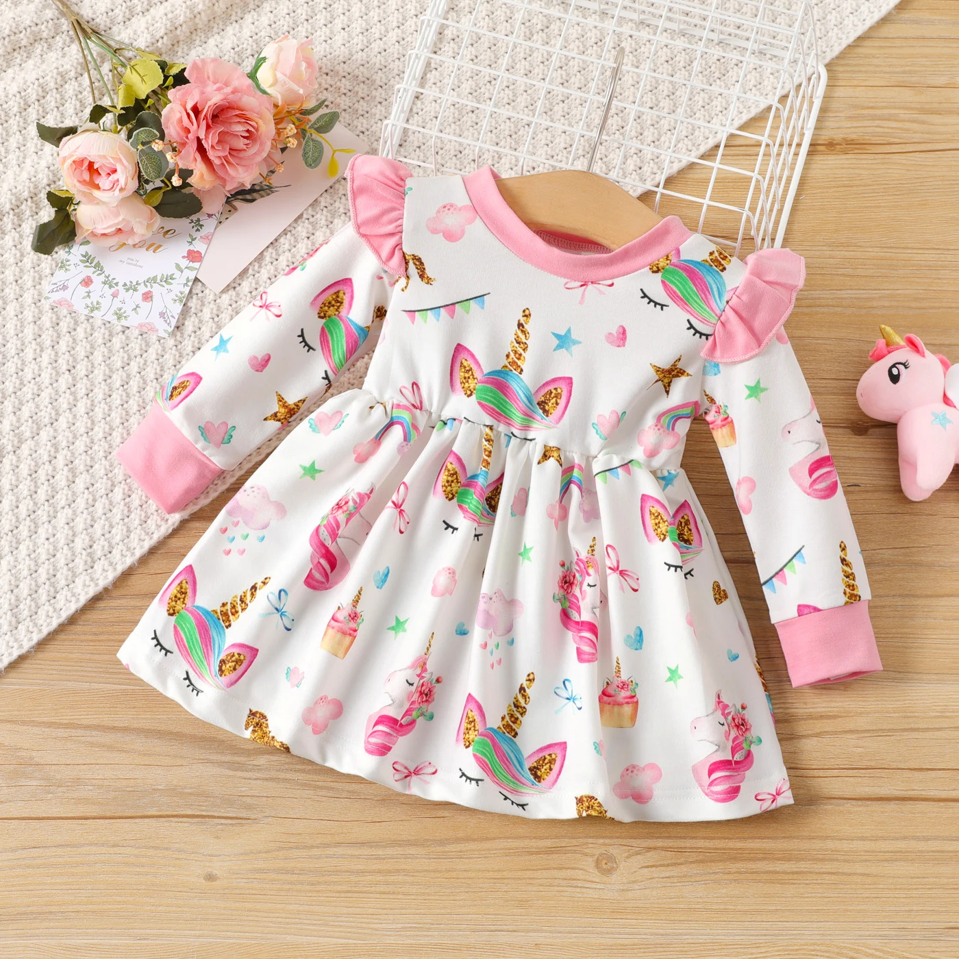 

PatPat Baby Girl Sweet Ruffle Edge Animal Unicorn Pattern Long Sleeve Dress