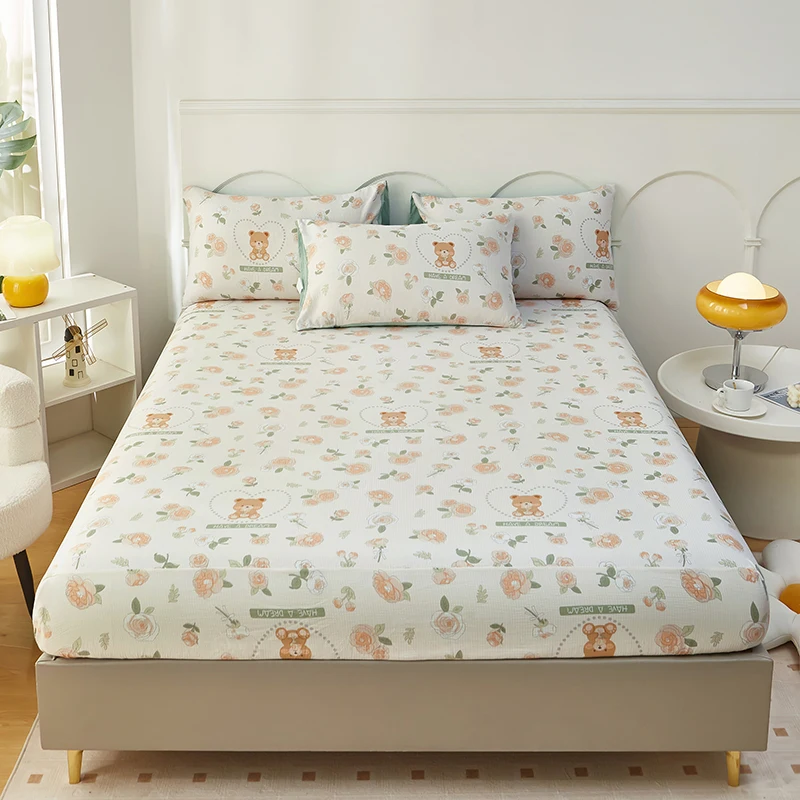 

Cute Cartoon Bear Bubble Cotton Fitted Sheet Set Orange Flower Pattern Bedding with Pillowcase for Girls Kids Bedroom Decoration