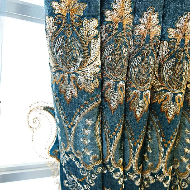 

New Blue Thickened Embroidery Chenille Shading Curtains For Living Room Bedroom Partition Curtain Villa Customized Finished