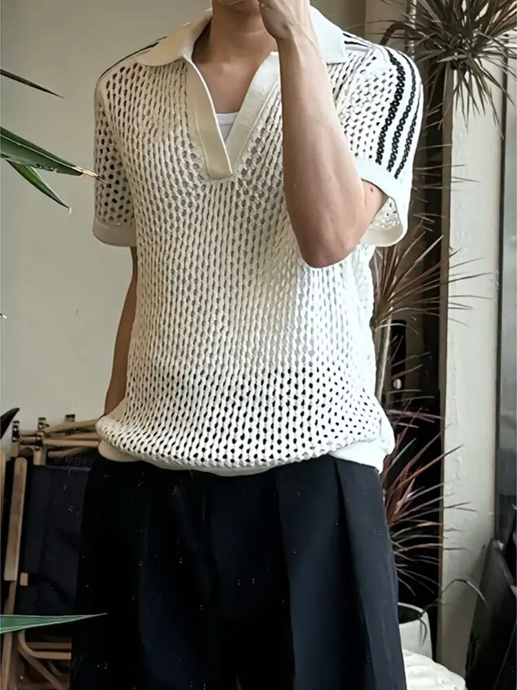 

Повседневный летний мужской свитер с коротким рукавом, вязаный, с ажурным узором, свободного кроя, молодежный, дышащий топ