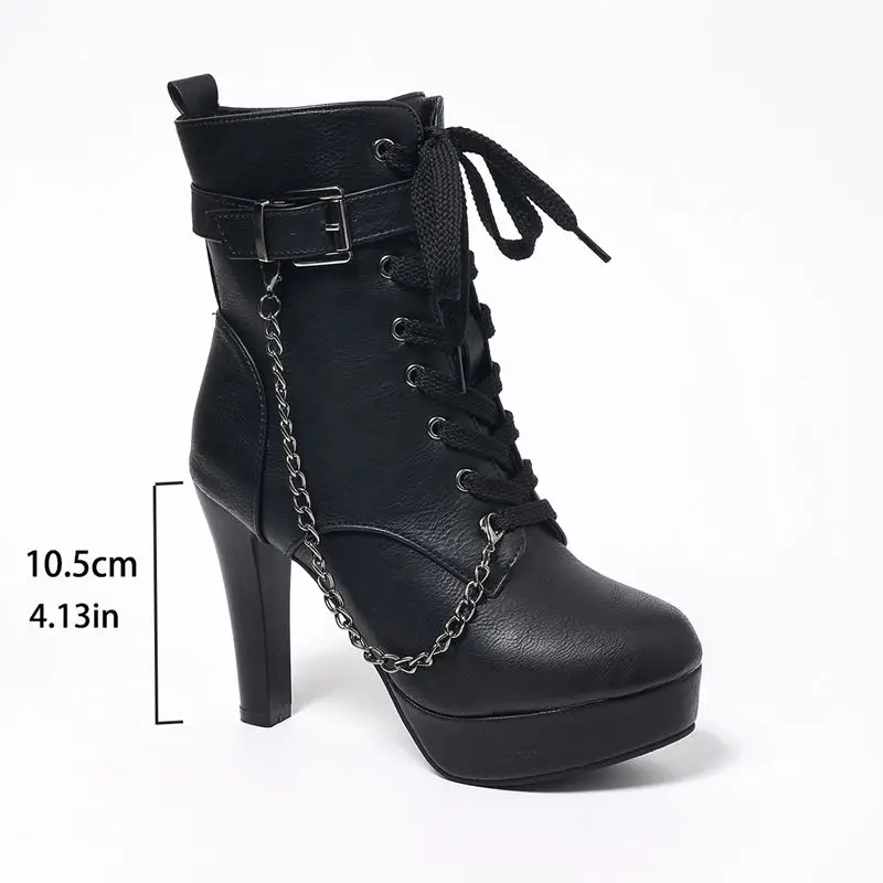 Girseaby 2025 Fashion Ladies Ankle Booties Round Toe Tall Heel 10.5cm Platform Zip Lace Belt Fastener Metallic Chain 41 42 43